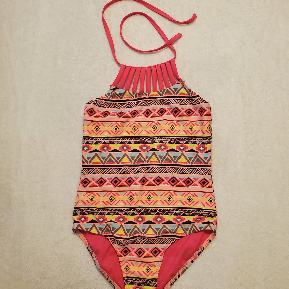 SO Pink and Orange One Piece Swimsuit with Geometric Pattern